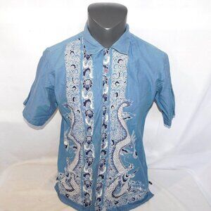 Street Legal Blue White Asian Dragon Short sleeve button Front Shirt Mens S